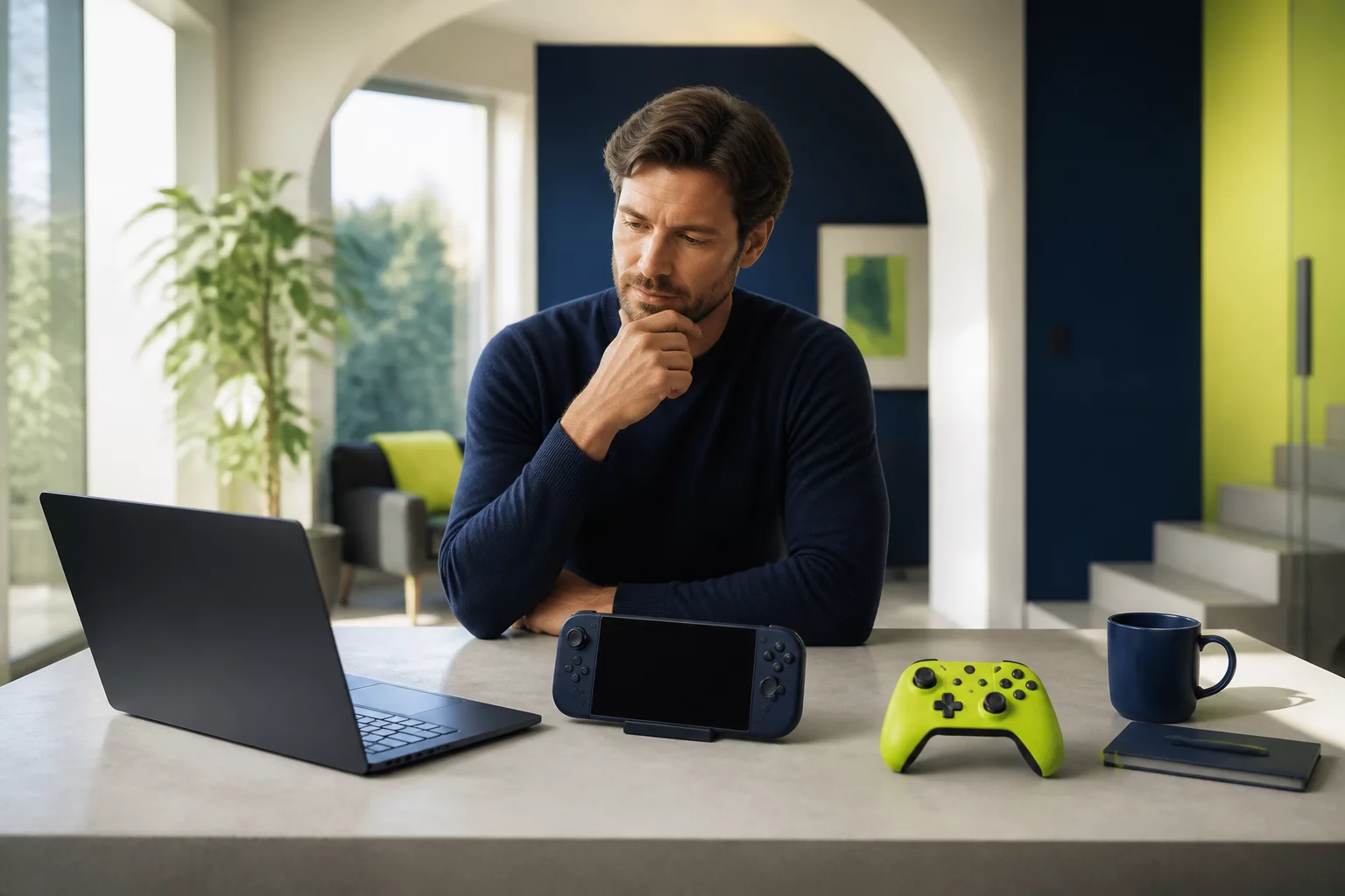 A player comparing several gaming devices in a bright room